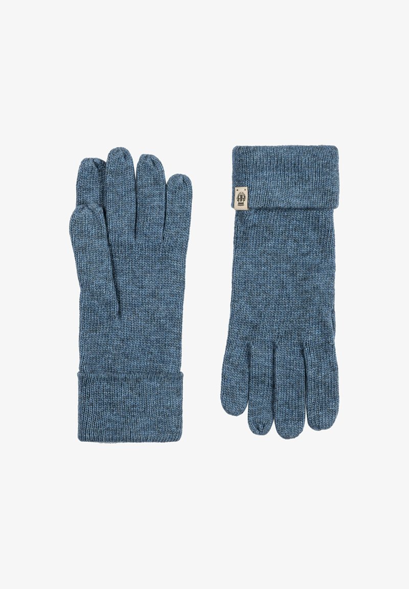 Pair of blue knitted wool gloves with cuffs, one glove showing palm side and the other the back with a small fabric label.