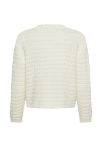Pull en tricot couleur crème avec manches longues et motifs ajourés horizontaux, vu de dos sur un fond blanc.