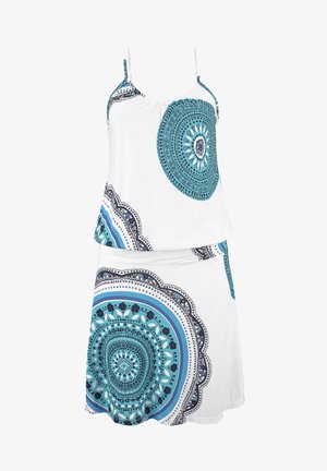 Witte jurk met blauwe en zwarte cirkelpatronen, met een losse pasvorm, spaghettibandjes en een gelaagd silhouet.