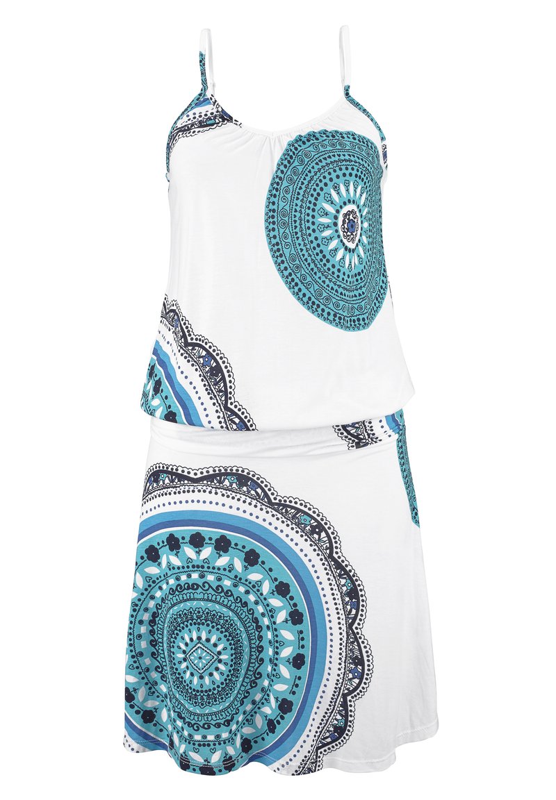 Weißes Kleid mit blauen und schwarzen kreisförmigen Mustern, das ein lockeres Design, Spaghettiträger und eine gestufte Silhouette aufweist.