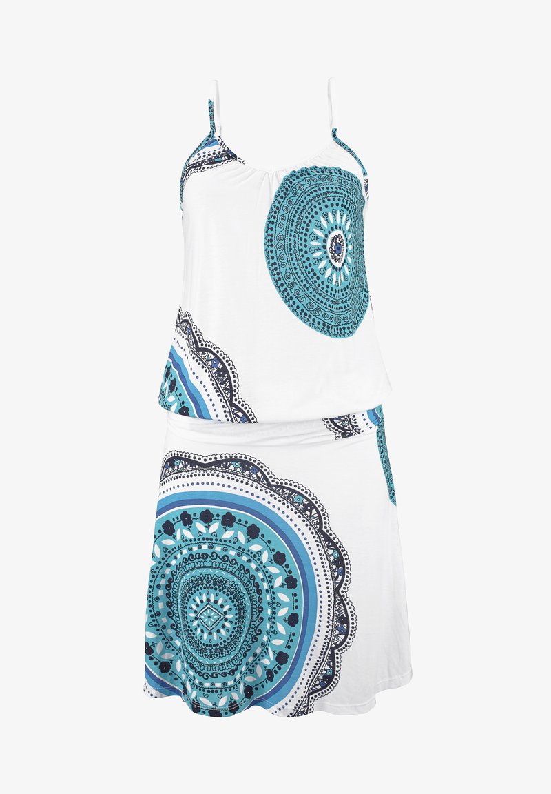 Robe blanche avec des motifs circulaires bleus et noirs, présentant un design ample, des bretelles spaghetti et une silhouette superposée.