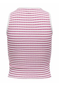 Débardeur rayé avec de fines lignes horizontales blanches et roses, au design ajusté et en tissu doux et texturé. Vue arrière montrée.