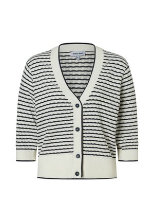 Wit vest met zwarte horizontale strepen, V-hals, geribbelde manchetten en zoom, en vier zwarte knopen aan de voorkant.