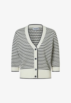 White cardigan with black horizontal stripes, v-neck, ribbed cuffs and hem, and four black buttons down the front.