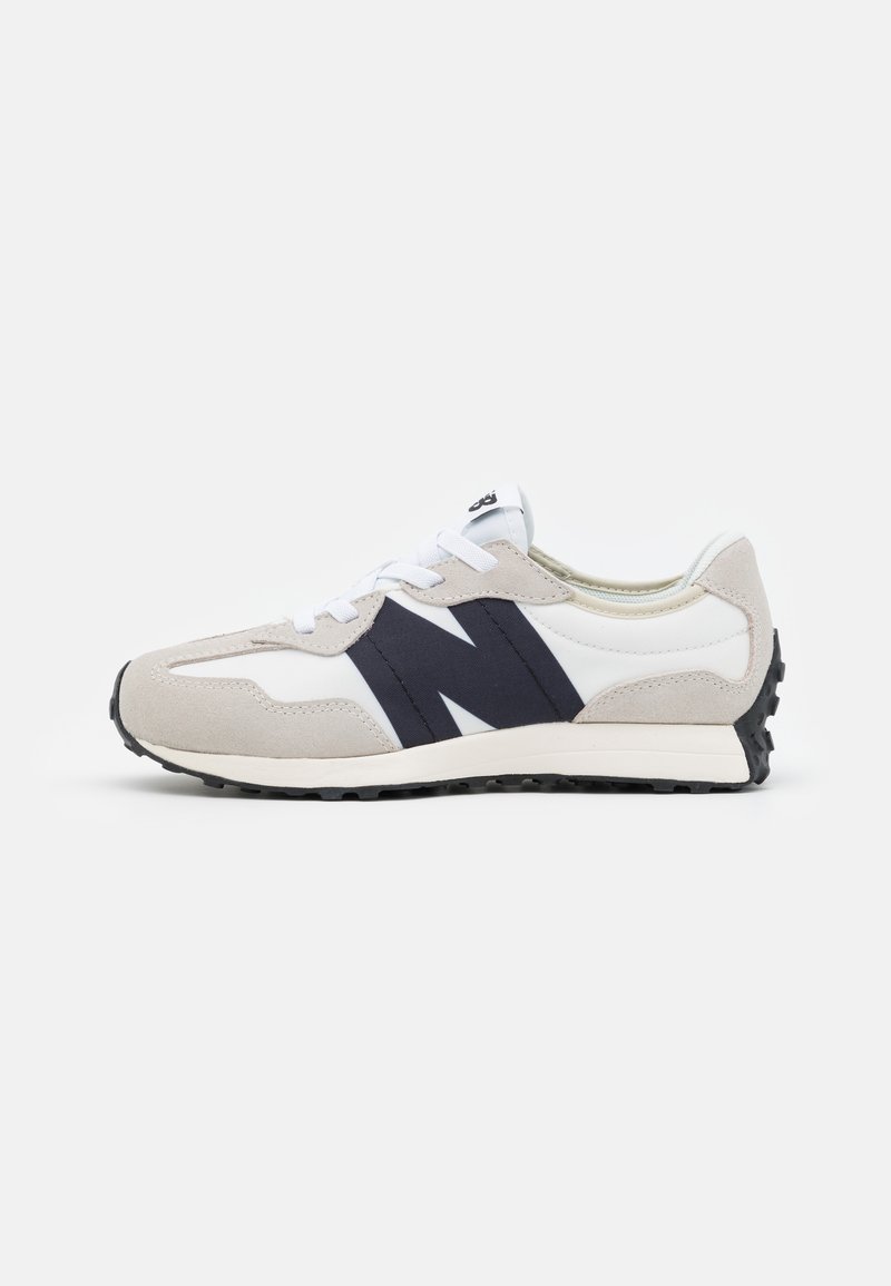 Light gray sneaker with dark blue accents and white paneling. Features a textured suede upper, lace closure, and a rubber outsole.