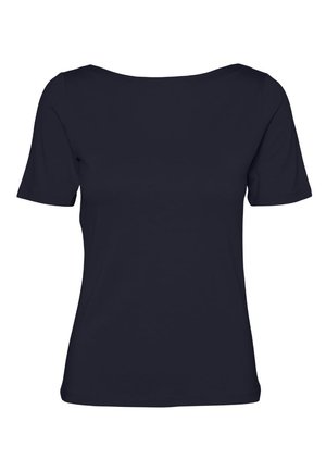 Must naiste läikiv lühikeste varrukatega T-särk laia paadikaelusega, valgel taustal.