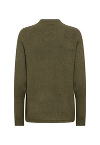 Olivgrüner Strickpullover mit Rippstruktur, rundem Halsausschnitt und langen Ärmeln. Besitzt eine gerade Passform und dezente Seitenschlitze am Saum.