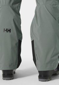 Waterdichte sneeuwbroek in lichtgrijs met zwarte accenten, met een gladde textuur, logo-details en verstevigde onderstukken voor duurzaamheid.