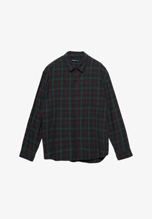 Button-up shirt in dark green and burgundy plaid pattern, long sleeves, collar, straight cut hem, and fabric texture appears soft.