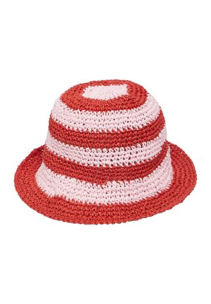 Rode en roze gestreepte vissershoed, geweven met een gestructureerde afwerking, met een brede rand en een ronde kroon. De patronen wisselen af in kleur.