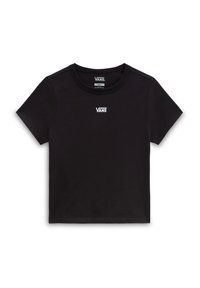 Zwarte katoenen T-shirt met korte mouwen, ronde hals en wit "VANS" logo gecentreerd op de borst. Eenvoudig, ongecompliceerd ontwerp.