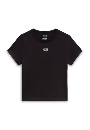 T-shirt en coton noir à manches courtes, col rond, avec le logo "VANS" blanc centré sur la poitrine. Design simple et dépouillé.