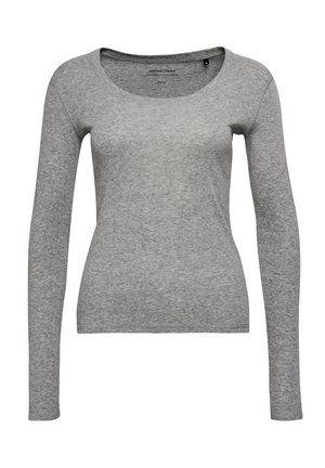 Grijze T-shirt met lange mouwen en ronde hals, gemaakt van zacht materiaal, met een getailleerde pasvorm en minimale naden voor een eenvoudig ontwerp.