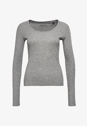 T-shirt grigio a maniche lunghe e collo rotondo, realizzato in tessuto morbido, con una forma aderente e cuciture minime per un design semplice.