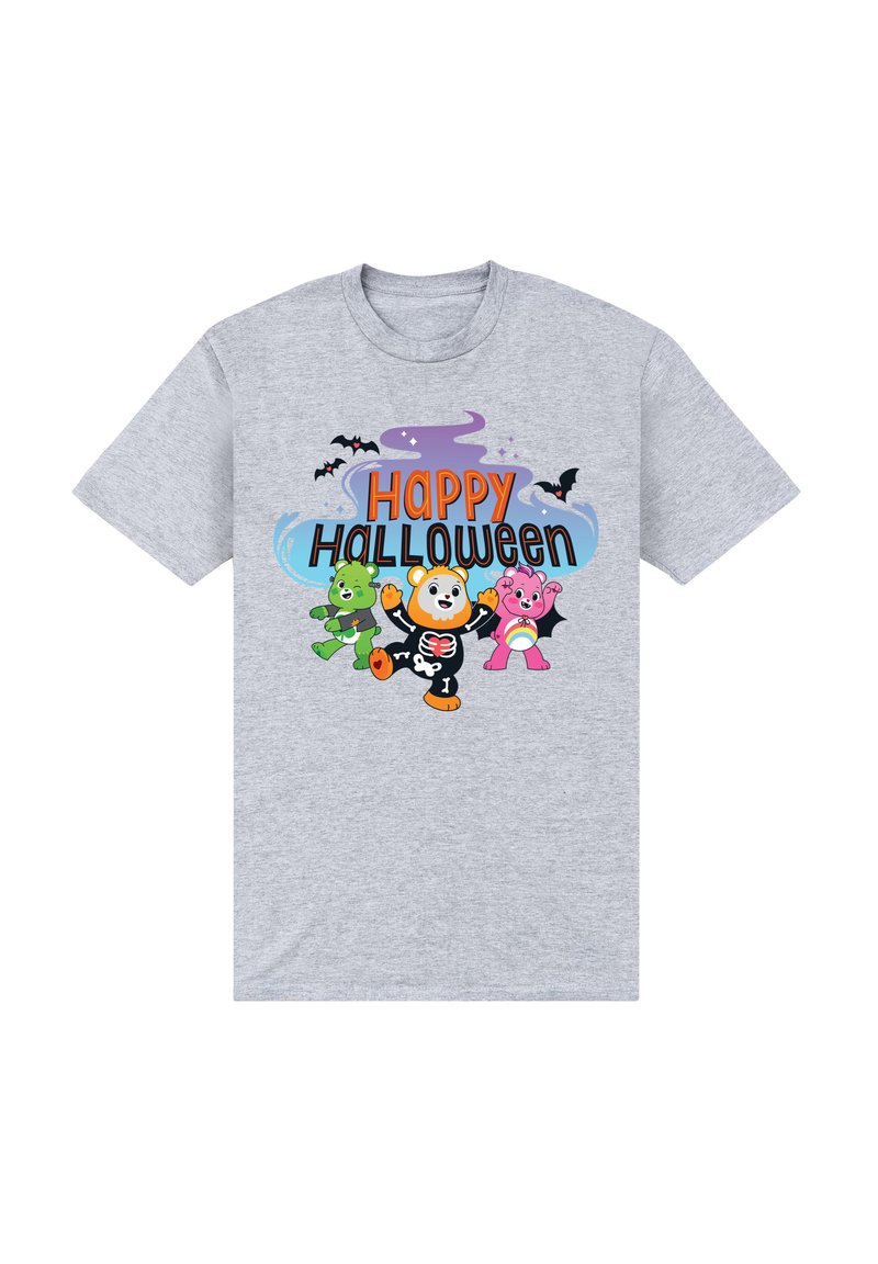 Camiseta gris de manga corta con un diseño de dibujos animados que presenta tres personajes y el texto "Feliz Halloween" en naranja y negro.