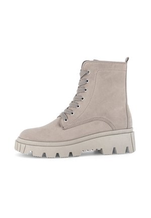 Light gray suede ankle boots with a round toe, lace-up front, and a thick, textured sole featuring deep treads for traction.
