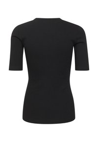 Svart ribbad topp med en figurnära design, med korta ärmar och rundad halsringning. Baksidan är enkel med en slät yta.