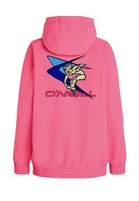 Roze hooded jack gemaakt van lichtgewicht stof. Heeft een grote grafische afbeelding met blauwe accenten en de merknaam "O'Neill" in vetgedrukte letters.
