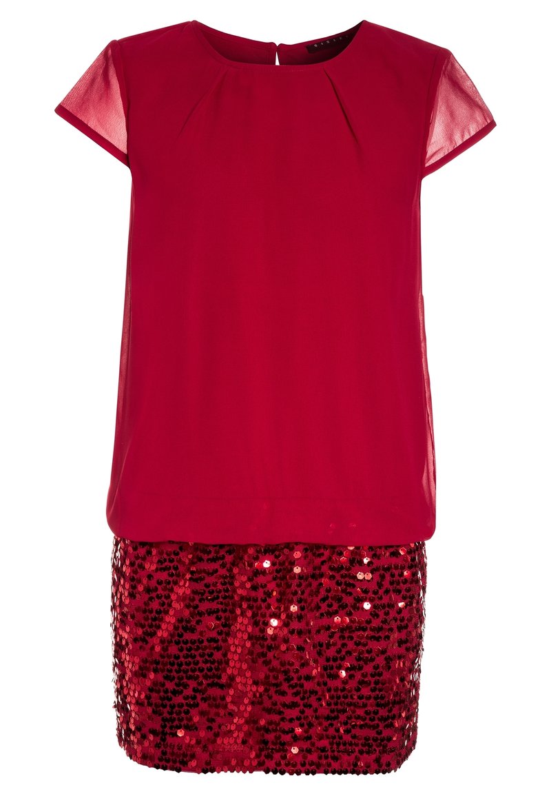 Červený top s krátkými rukávy a plisovaným designem spárovaný se třpytivou sukní pokrytou flitry. Tento outfit je vhodný na slavnostní příležitosti.