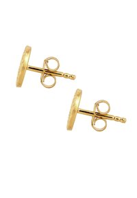 Ørestikker i guld med rund, tekstureret overflade. Fremstillet af metal og udstyret med en klassisk lås bagpå for sikker brug.