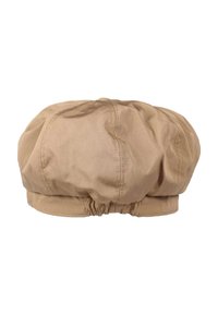 Beige ballonhoed gemaakt van gladde stof, met een verzamelde elastische band aan de basis, voorzien van een ronde bovenkant en subtiele stikdetails.
