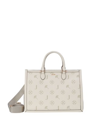 Borsa a mano in pelle bianca con design floreale a motivi e lettera "J". Presenta doppi manici, tracolla staccabile e dettagli in tonalità oro.