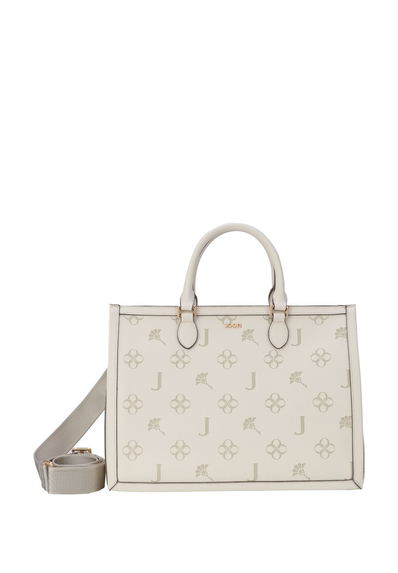 Borsa a mano in pelle bianca con design floreale a motivi e lettera "J". Presenta doppi manici, tracolla staccabile e dettagli in tonalità oro.