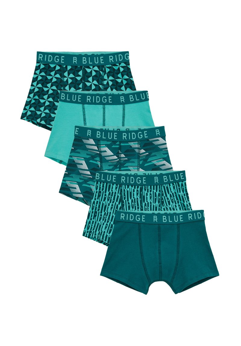 Pięć par turkusowych slipów z różnorodnymi wzorami: kształty geometryczne, paski i napisy. Każda para ma dopasowany logo w pasie.