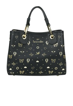 Borsa a mano in pelle nera con decorazioni dorate a forma di farfalla, cuore, sole, nuvola, uccello e mongolfiera, con doppie maniglie.