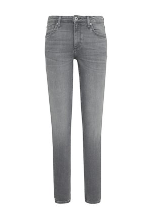 Grijze denim jeans met een slim fit, vijf-pocket ontwerp en knoopsluiting. De stof heeft een gladde textuur met subtiele vervagingseffecten.
