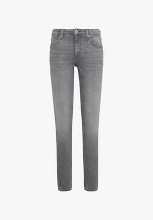 Šedé džíny z denimu s úzkým střihem, designem s pěti kapsami a zapínáním na knoflík. Tkanina má hladkou strukturu s jemnými efekty vyblednutí.