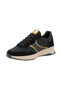 Black and gold sneaker made from suede and synthetic materials; features textured laces, contrasting stitching, and a cream-colored sole.