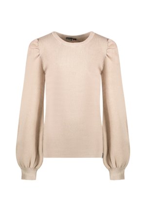 Beige gebreide trui met een ronde halslijn, lange pofmouwen en geribde manchetten. Zachte textuur met een getailleerd lichaam.