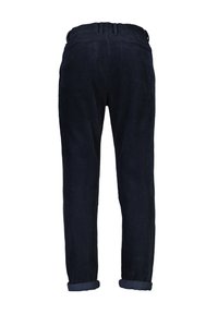 Marinblå kordflomsbyxor med rak passform, med uppvikta fållar, dragkedja och två bakfickor. Texturen är ribbad och mjuk.