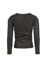 Zwart langemd t-shirt met een metallic glans, met een ronde hals en een aansluitende snit, gladde textuur en minimale naden.