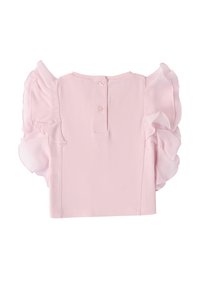 Top rosa con maniche corte, ondulate e trasparenti, e un corpo in tessuto liscio. Chiusura posteriore con tre piccoli bottoni. Taglio semplice e moderno.