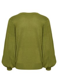 Maglione verde a maglia con una vestibilità comoda, caratterizzato da maniche a palloncino a coste e scollatura rotonda, visto da dietro.