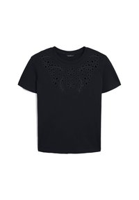T-shirt nera a maniche corte con un design floreale decorativo ritagliato sul collo. Tessuto morbido con una vestibilità comoda.