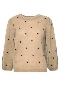 Pull en tricot marron avec un col rond et des manches longues, orné de pois noirs sur toute sa surface et d'un ourlet et de poignets côtelés. Surface texturée.