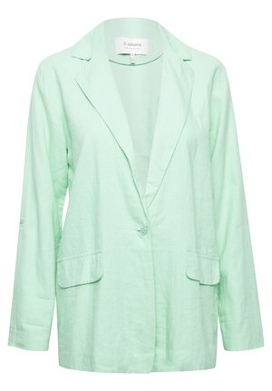 Mentazöld zakó, könnyű anyagból készült, egy gombos záródással, két elülső zsebbel és laza szabással, hajtókás gallérral.