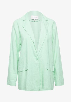 Mentazöld zakó, könnyű anyagból készült, egy gombos záródással, két elülső zsebbel és laza szabással, hajtókás gallérral.