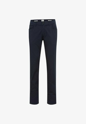 Pantaloni da uomo slim fit di colore blu navy scuro con bottone frontale, passanti per cintura, e tasche laterali e posteriori, mostrati su sfondo bianco.