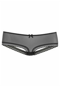 Svarte netting boyshorts med blondekant, med bølget kant og en liten satengsløyfe foran. Mykt, elastisk stoff for komfort.