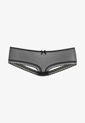 Shorts en mesh noir avec bord en dentelle, présentant un motif festonné et un petit nœud en satin à l'avant. Tissu doux et extensible pour le confort.