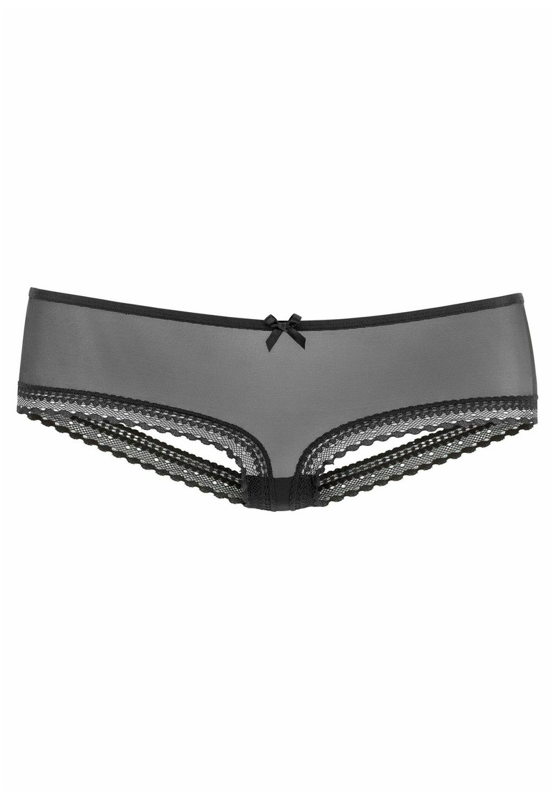 Svarte netting boyshorts med blondekant, med bølget kant og en liten satengsløyfe foran. Mykt, elastisk stoff for komfort.