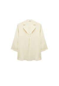Langärmlige Bluse mit offenem Front in hellem Beige. Verfügt über einen Kragen, Falten-Details an der Vorderseite und einen abgerundeten Saum. Glatte Stoffoberfläche.