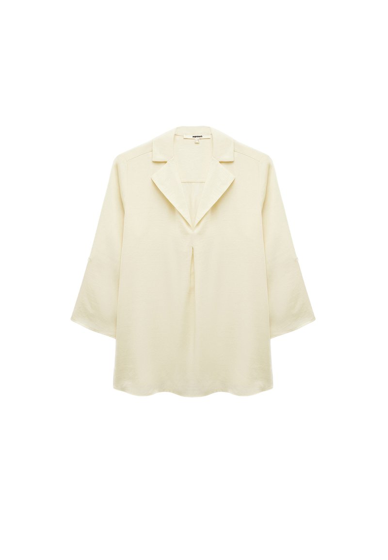 Langärmlige Bluse mit offenem Front in hellem Beige. Verfügt über einen Kragen, Falten-Details an der Vorderseite und einen abgerundeten Saum. Glatte Stoffoberfläche.