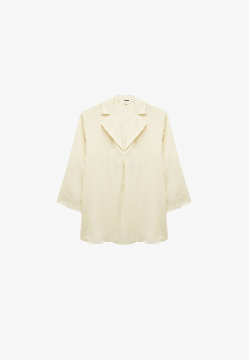 Langärmlige Bluse mit offenem Front in hellem Beige. Verfügt über einen Kragen, Falten-Details an der Vorderseite und einen abgerundeten Saum. Glatte Stoffoberfläche.