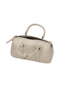 Beige Lederhandtasche mit strukturierter Form, zwei oberen Griffen, Reißverschluss und schlanken silbernen Hardware-Akzenten an den Seiten.