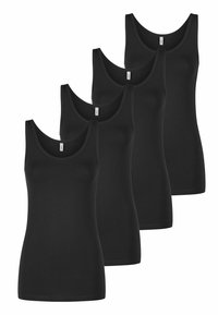 Vier zwarte tanktops gemaakt van gladde, elastische stof. Ze hebben een ronde halslijn en smalle bandjes, ontworpen voor een strakke pasvorm.